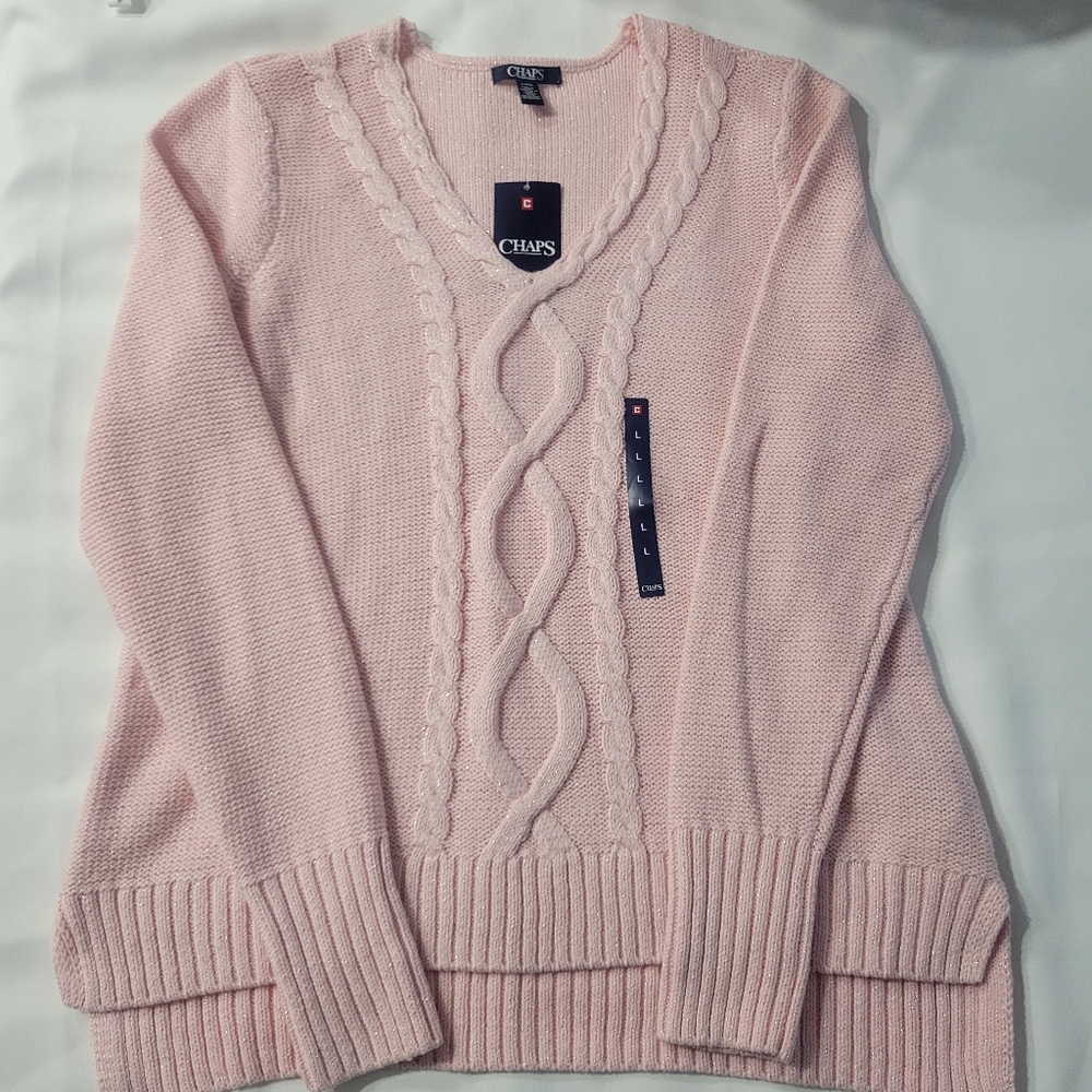 NWT Chaps Pink and Silver Cable Knit V-Neck Womens Sweater L Cotton Blend